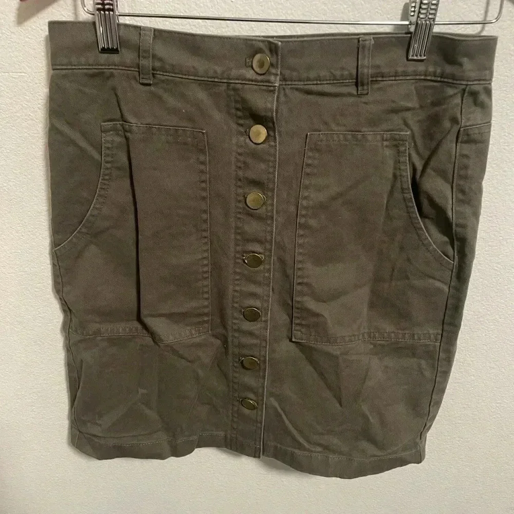 Loft Olive Green Denim Straight Pencil Mini Button Skirt Mid‎ Rise Women Size 0
